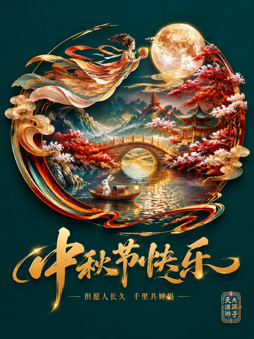 中秋节海报AI绘画提示词：激光雕刻与嫦娥奔月