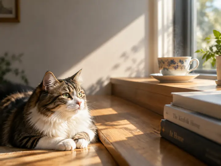 阳光窗台猫咪与茶杯的AI绘画提示词