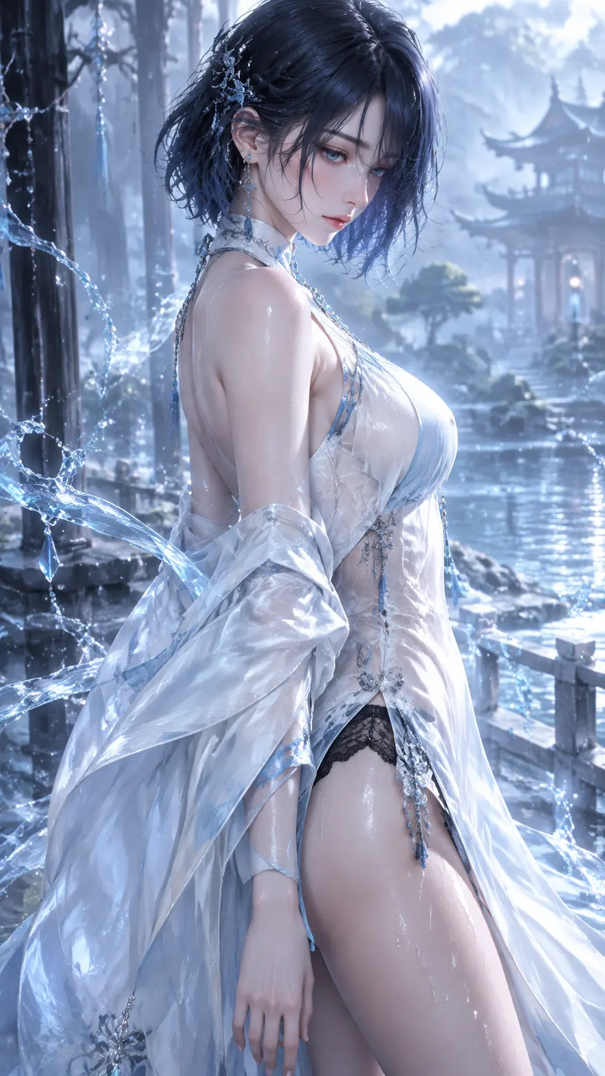 东方幻想水系精灵女性角色 AI 绘画提示词，3D CG 冷调海报质感