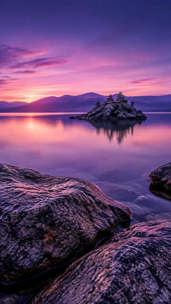 黄昏紫色调湖景岩石山脉AI绘画提示词