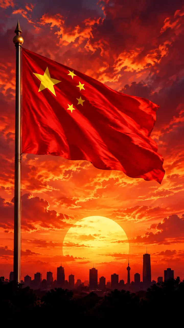 庄严五星红旗与壮丽日出的AI绘画提示词