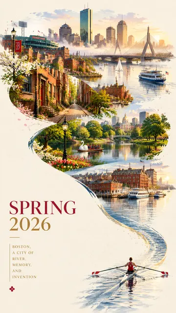 波士顿春季2026城市海报AI提示词,赛艇水纹绘城市天际线