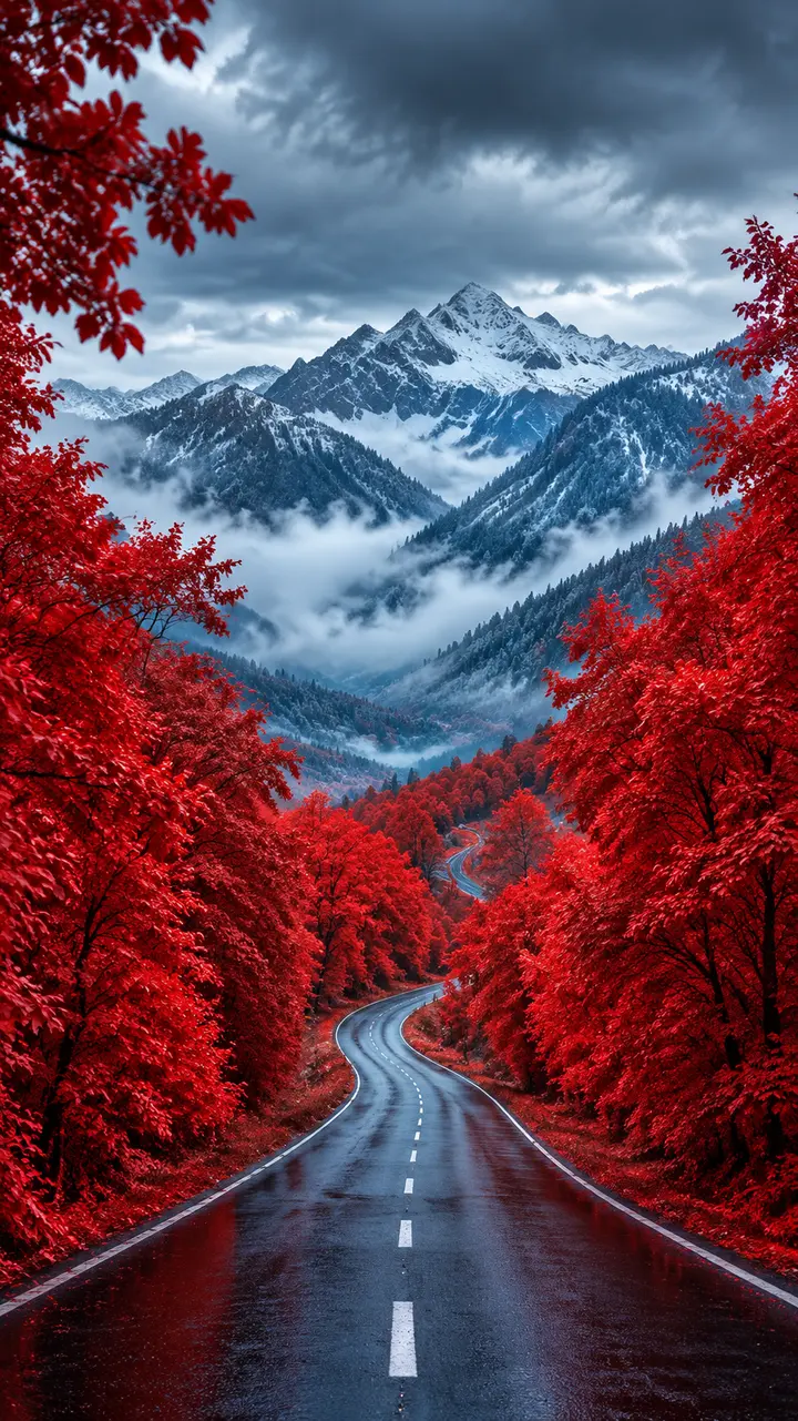 超现实红外摄影风格红色公路雪山风景 AI 绘画提示词