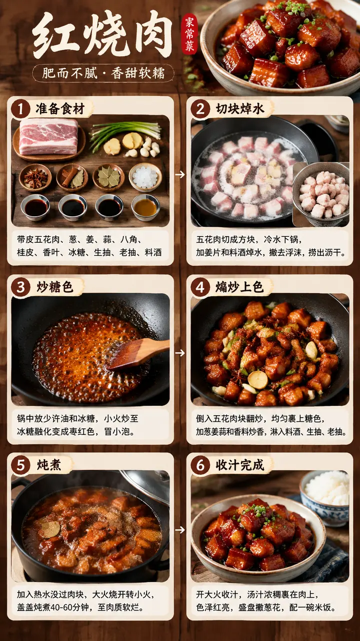 红烧肉制作步骤信息图 AI 提示词，六步家常菜教程