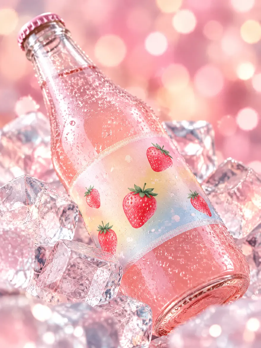 粉色饮料瓶商业广告静物 AI 绘画提示词
