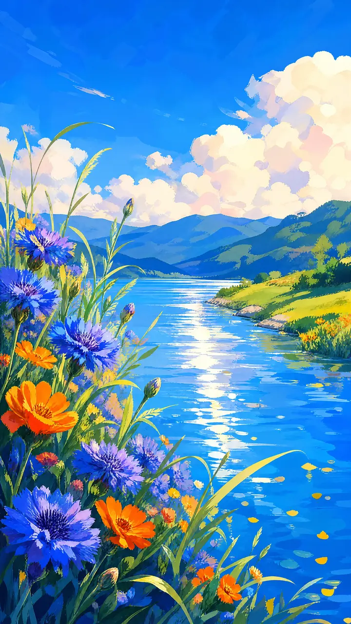 夏日田园半厚涂风景插画AI绘画提示词