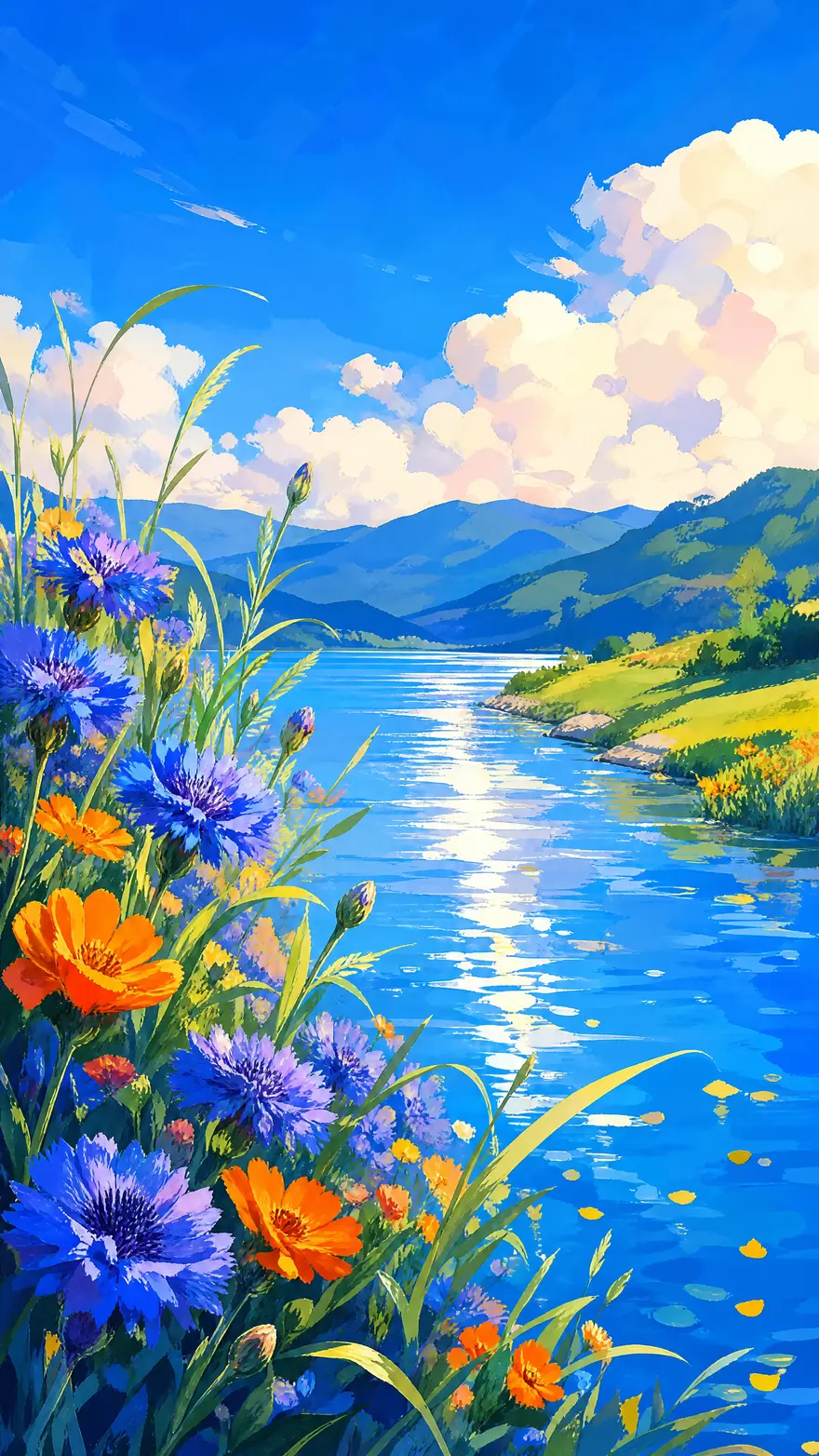 夏日田园半厚涂风景插画AI绘画提示词