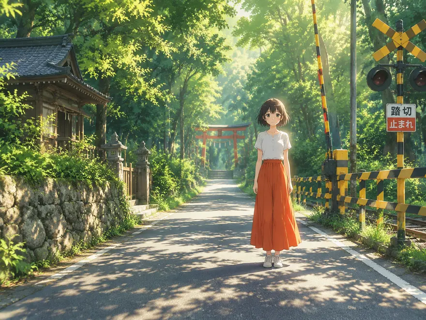 日系动漫乡间少女与神社铁路场景AI绘画提示词