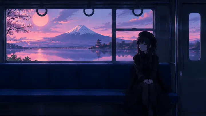 黄昏列车车厢少女动漫插画 AI 提示词