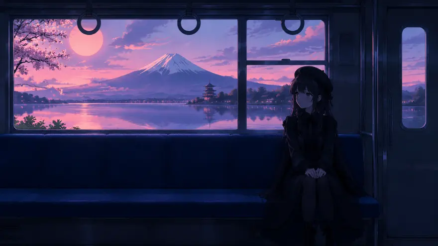 黄昏列车车厢少女动漫插画 AI 提示词