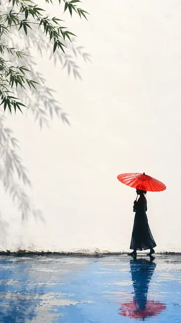 东方禅意极简海报 AI 绘画提示词 红伞白墙雨后