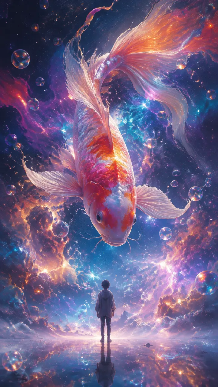 超现实AI绘画提示词：星云中遨游的巨型彩色锦鲤