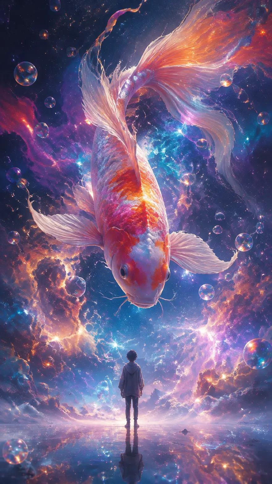 超现实AI绘画提示词：星云中遨游的巨型彩色锦鲤