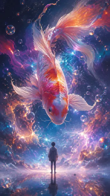 超现实AI绘画提示词:星云中遨游的巨型彩色锦鲤