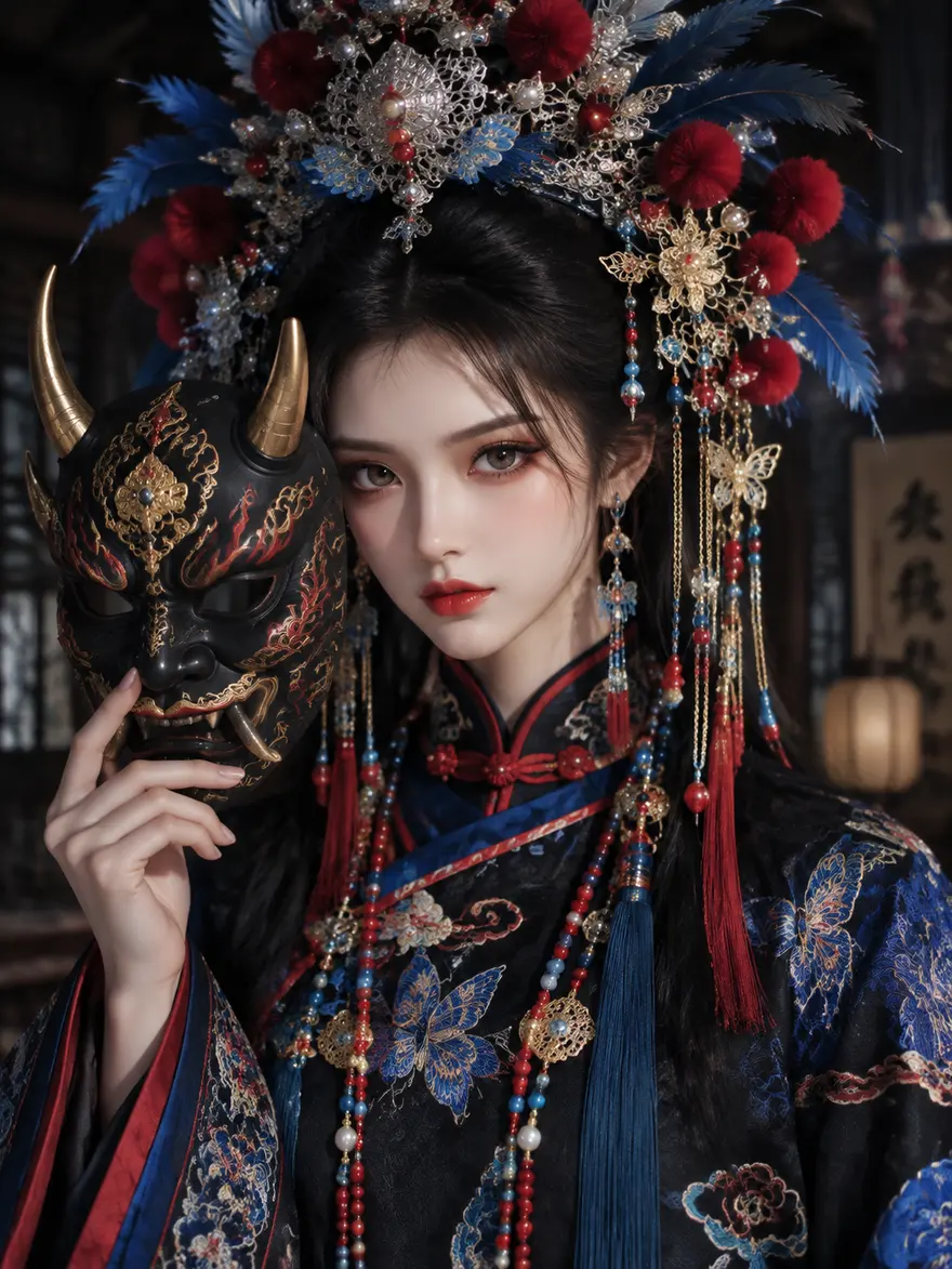 中式国风鬼面面具女子人像 AI 绘画提示词