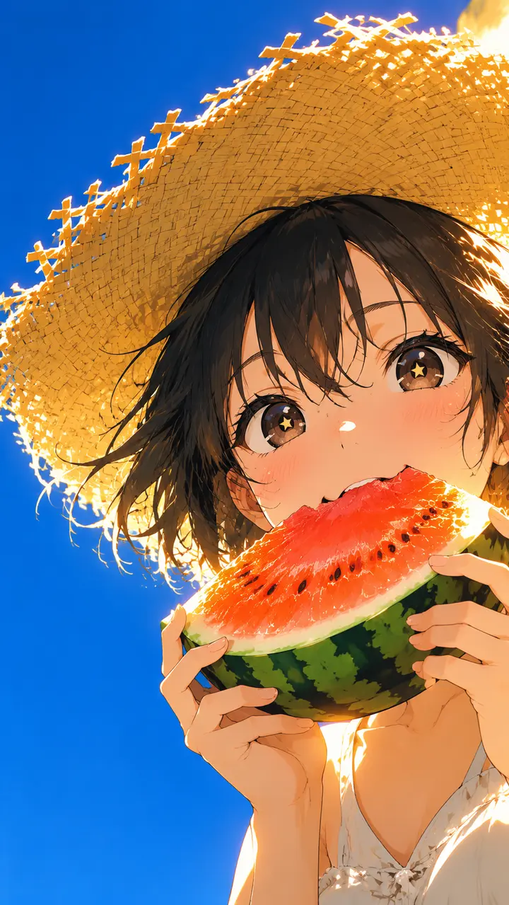 日系动漫少女吃西瓜夏日治愈风AI提示词