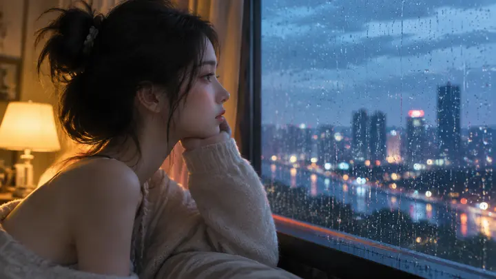 雨夜窗边少女侧影 AI 绘画提示词与氛围感图片生成