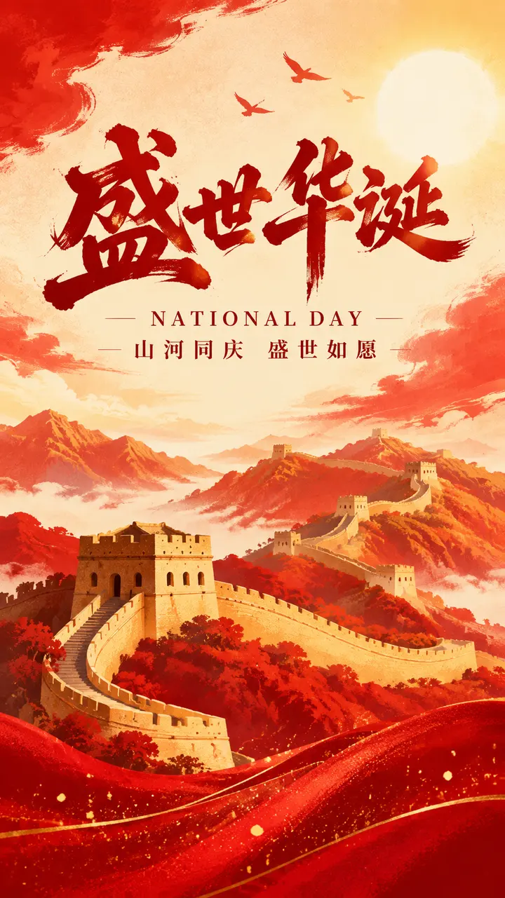 国庆节盛世华诞主题红色海报 AI 绘画提示词