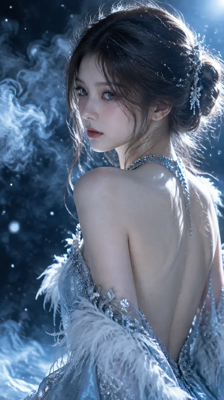 电影感冷调梦幻人像 AI 绘画提示词，银蓝露背礼服女性回眸