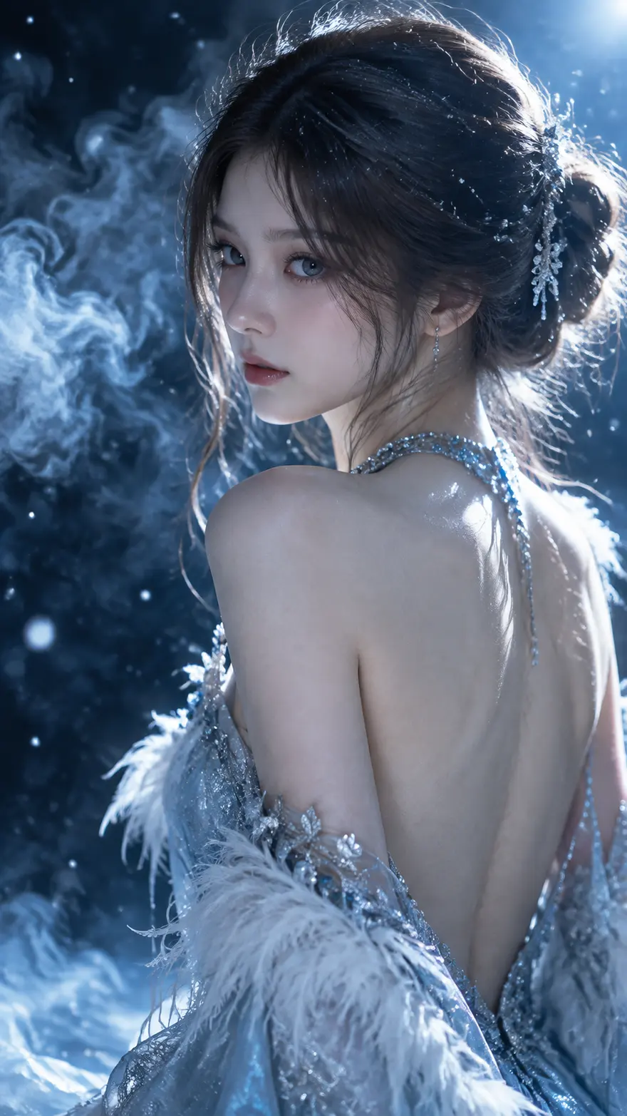 电影感冷调梦幻人像 AI 绘画提示词，银蓝露背礼服女性回眸