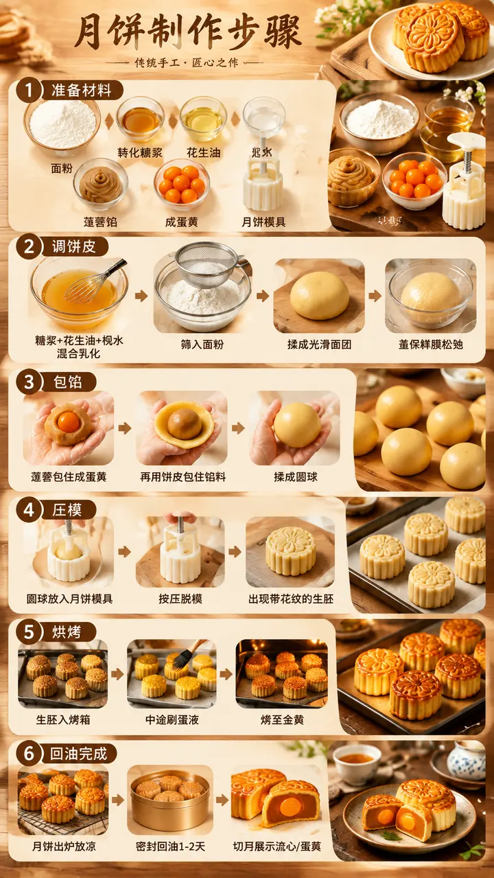 月饼制作步骤信息图 AI 提示词，六步竖版美食插画