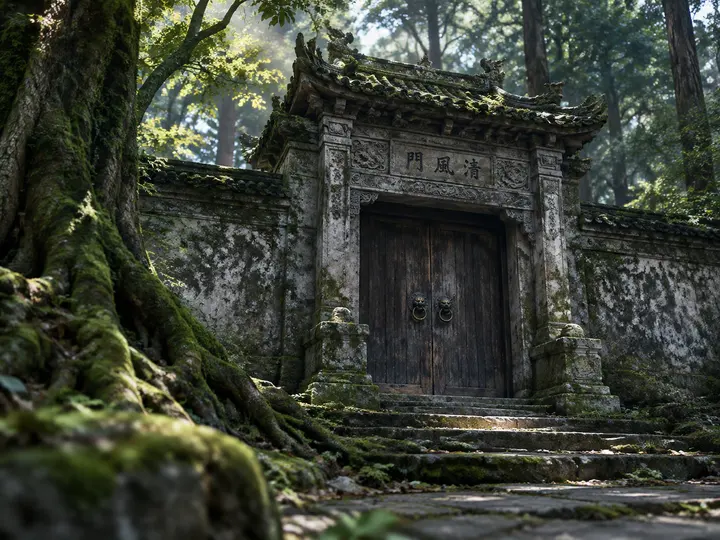 古风门楼青苔石阶场景 AI 绘画提示词