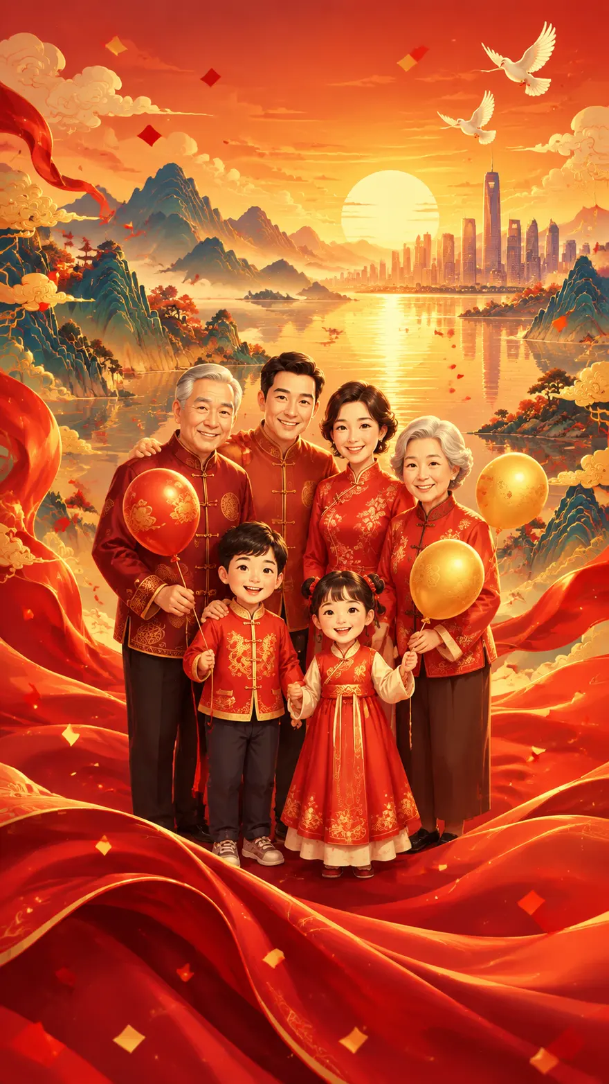 国潮插画风三代同堂团圆场景 AI 提示词
