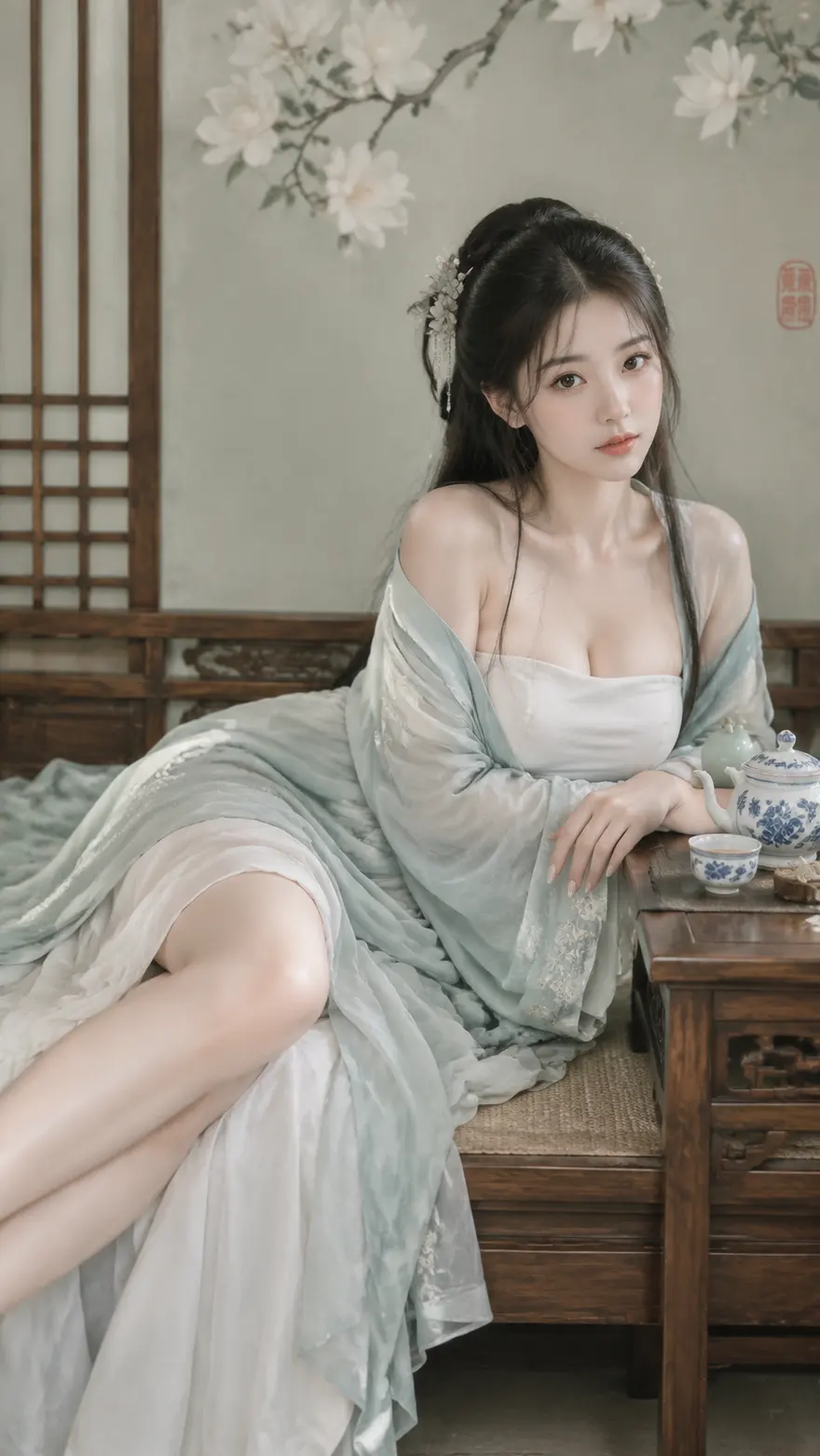 写实古风汉服女子人像AI提示词，闺阁茶室柔光摄影