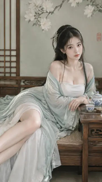 写实古风汉服女子人像AI提示词,闺阁茶室柔光摄影