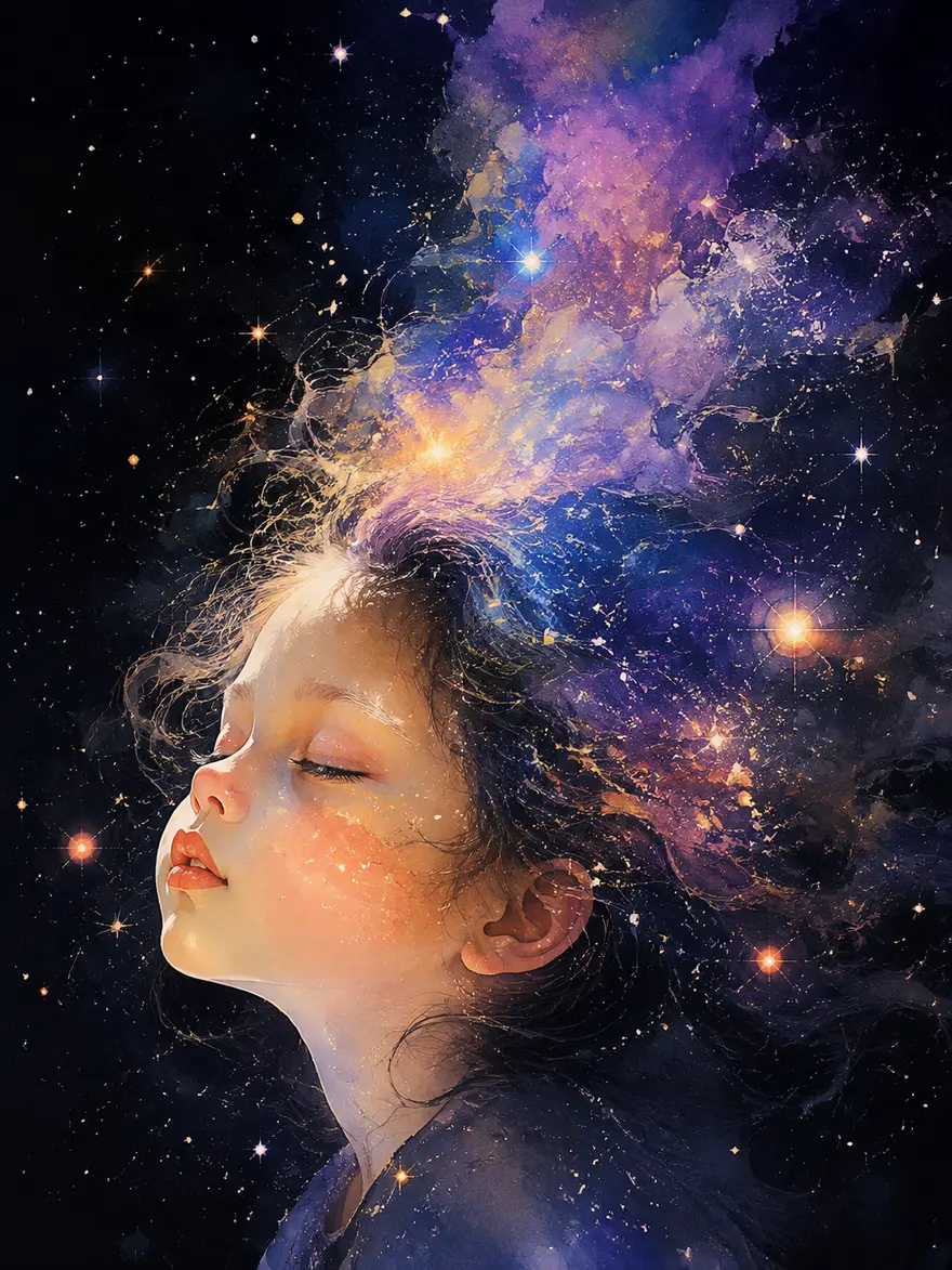 超现实主义星空女孩AI提示词，银河长发梦幻插画