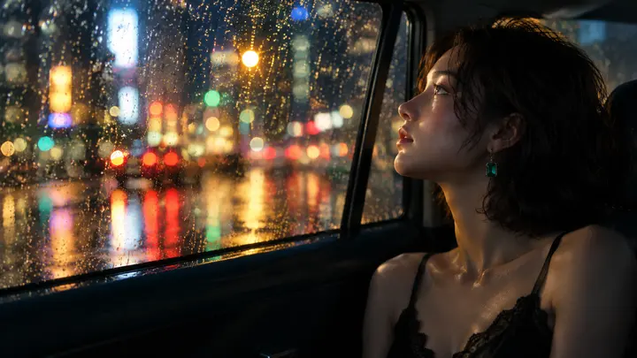 雨夜车厢少女 AI 绘画提示词，电影感人像数字插画