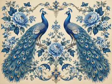 两只对称蓝孔雀复古花卉装饰插画AI提示词