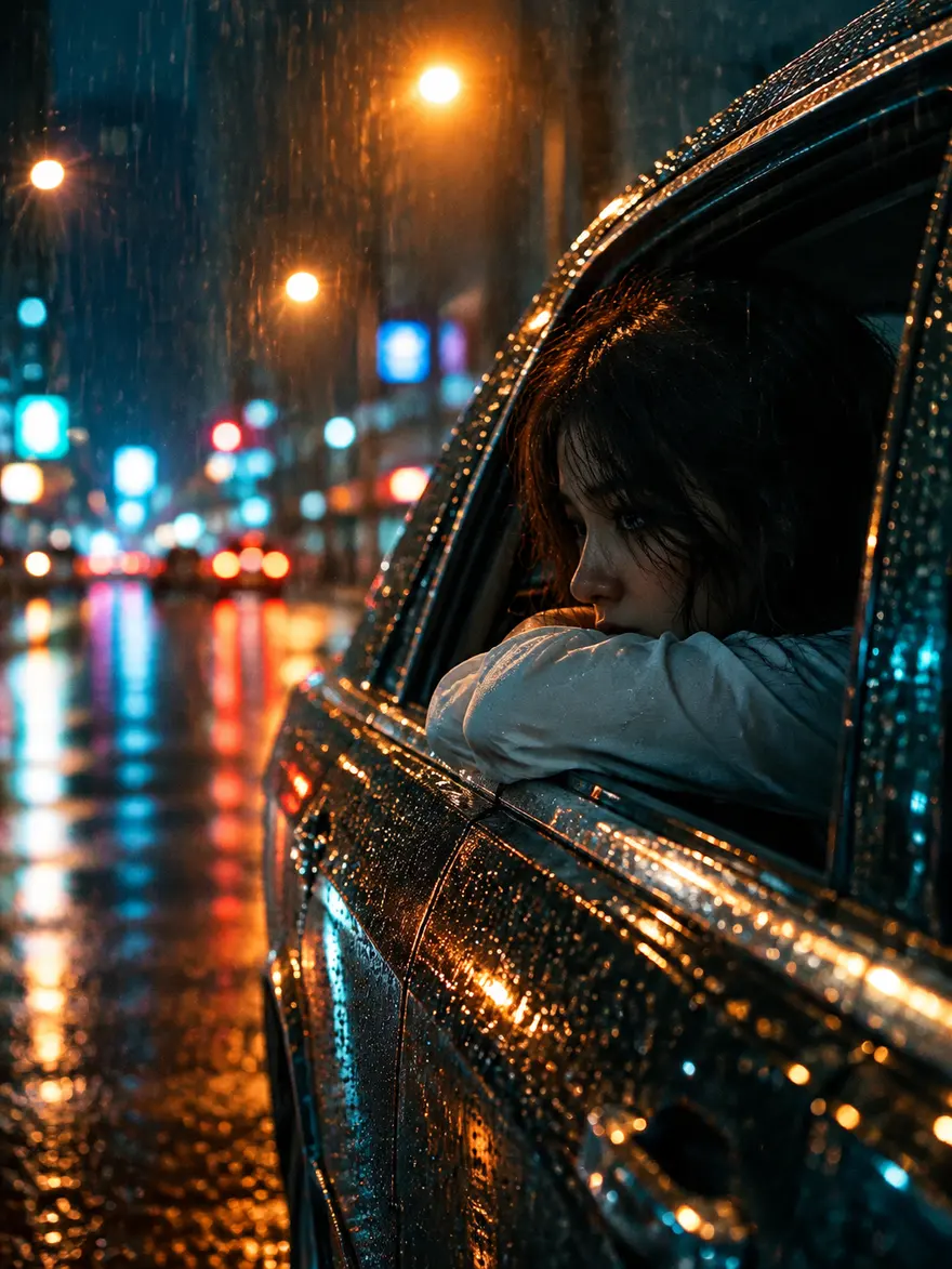 雨夜车窗回眸的电影感AI提示词