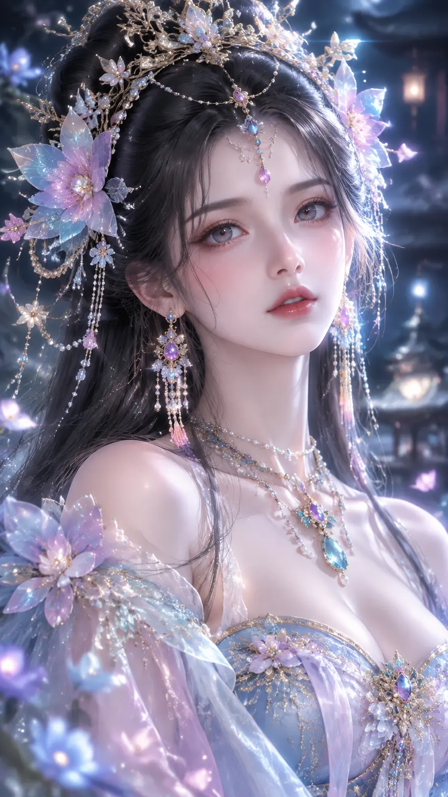 东方幻想古风贵女美人AI绘画提示词 竖版3D CG写真