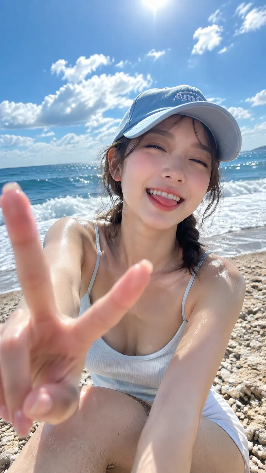 海边少女棒球帽比V字AI绘画提示词