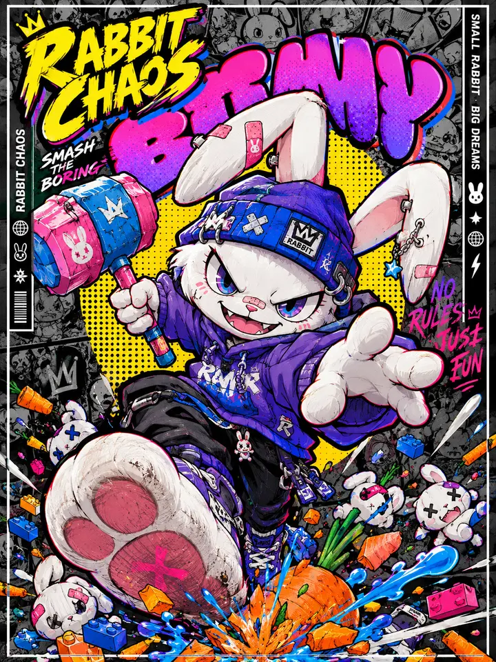 美式街头漫画风白色长耳兔潮玩海报AI提示词