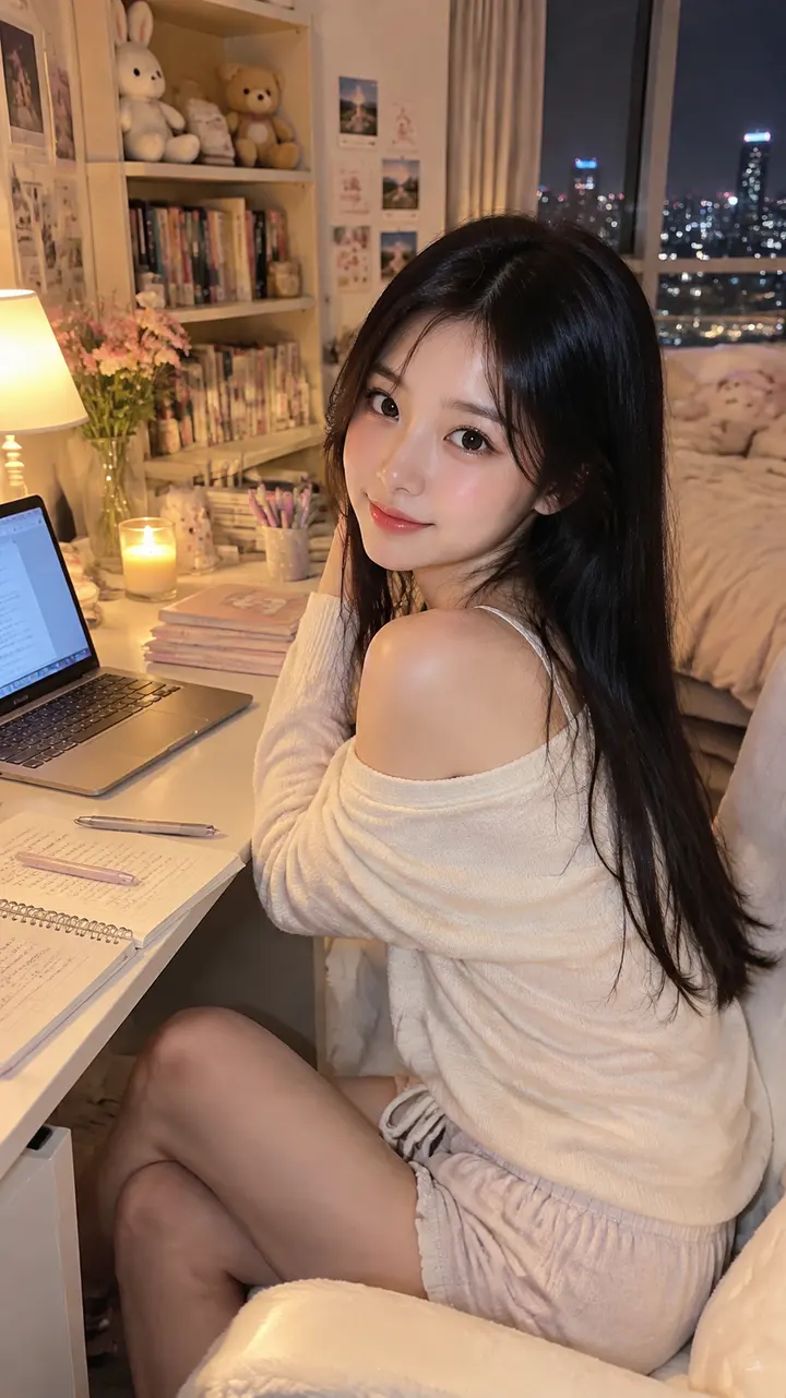超写实韩式温馨书房美女写真 AI 绘画提示词