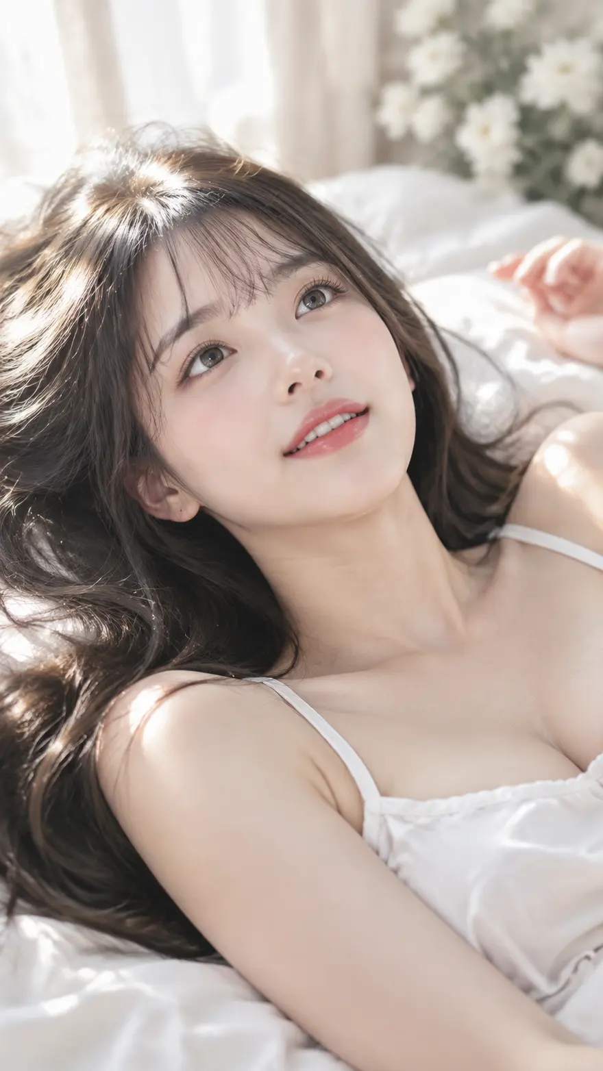 仰卧女性面部特写 AI 绘画提示词，白色吊带与柔光氛围