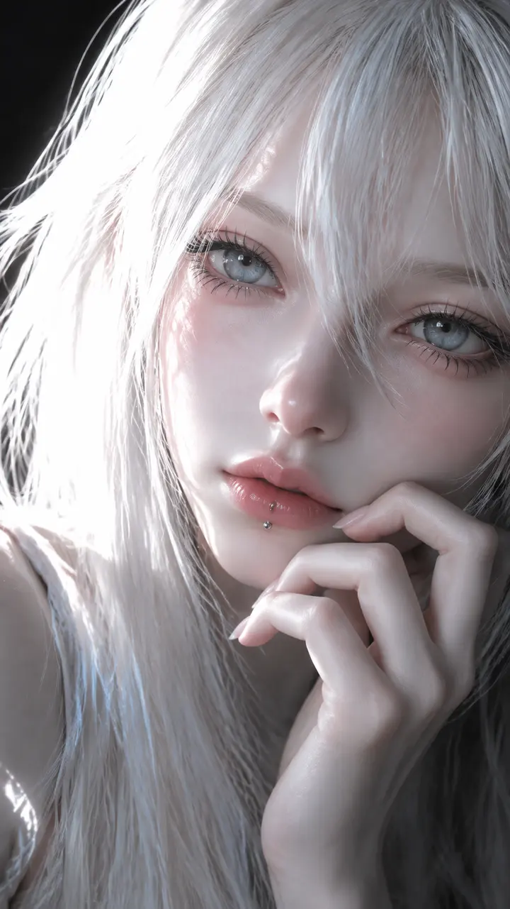 半写实3D白发少女特写AI提示词 黑白对比硬调侧光人像
