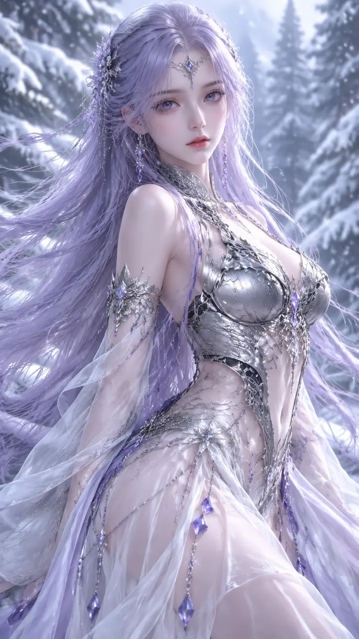 清冷银甲紫发少女 AI 绘画提示词，奇幻雪松林角色插画