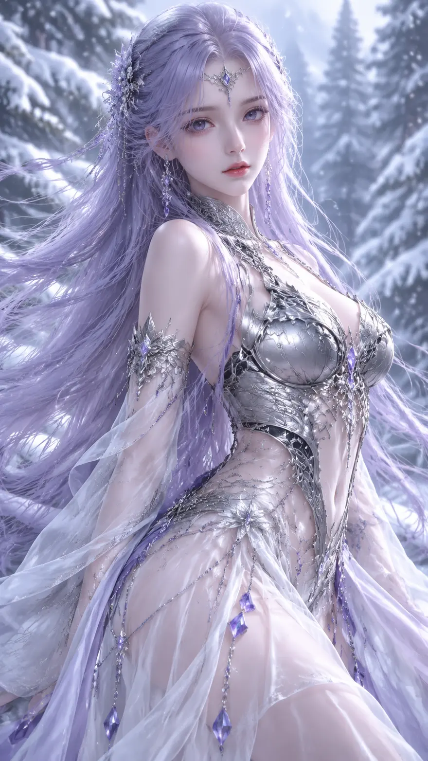 清冷银甲紫发少女 AI 绘画提示词，奇幻雪松林角色插画