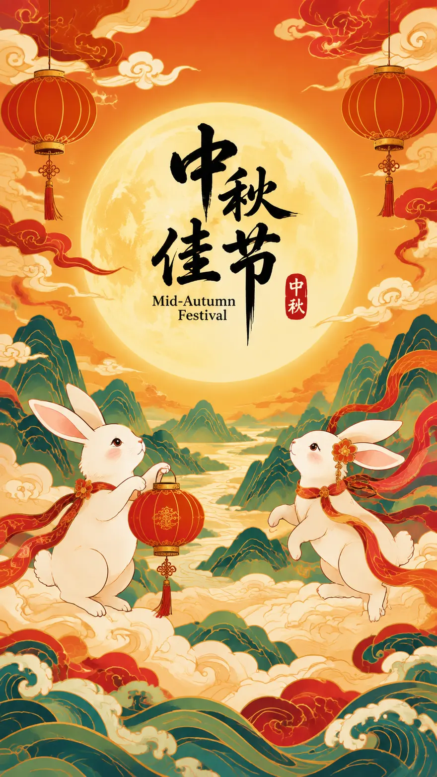 国潮中秋佳节海报 AI 绘画提示词 红金玉兔满月插画