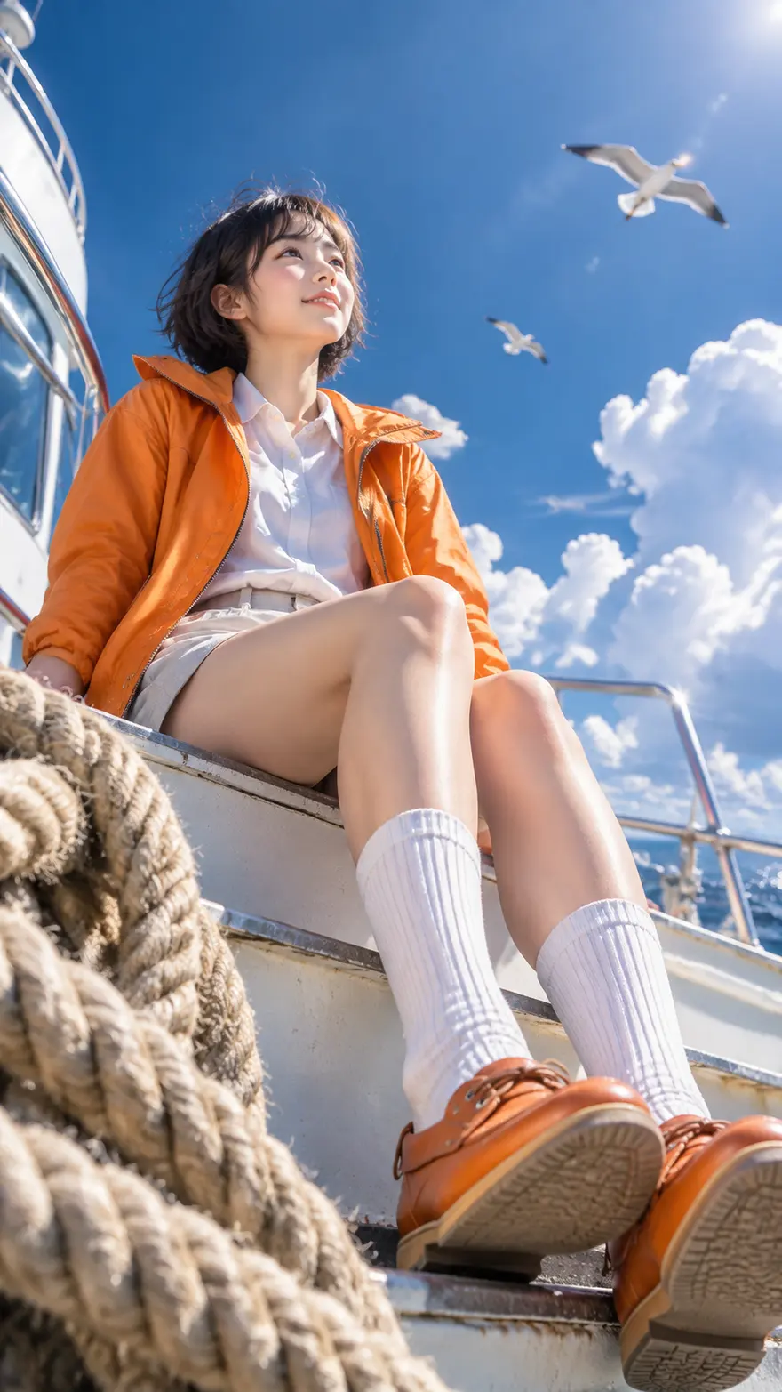 短发少女坐船头仰望天空的AI绘画提示词