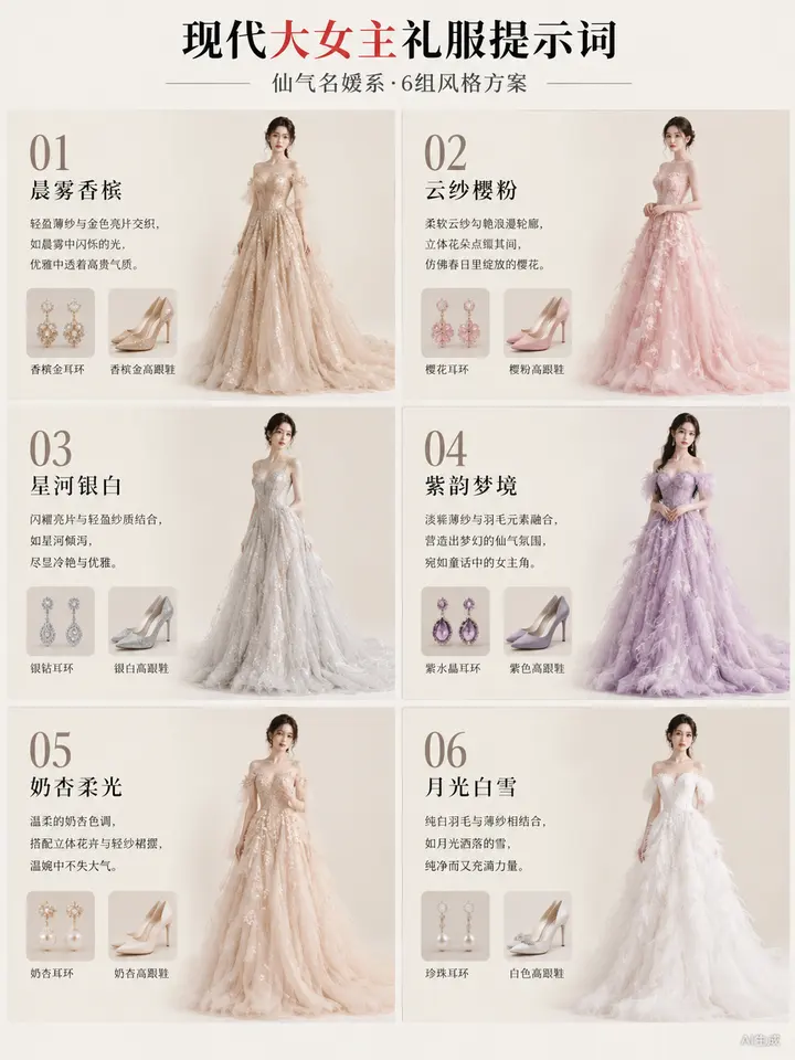 现代大女主礼服 AI 提示词：仙气名媛系六组风格方案