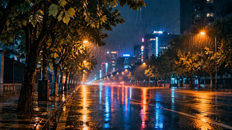 深夜雨中空荡城市街道AI提示词，电影感青蓝冷调