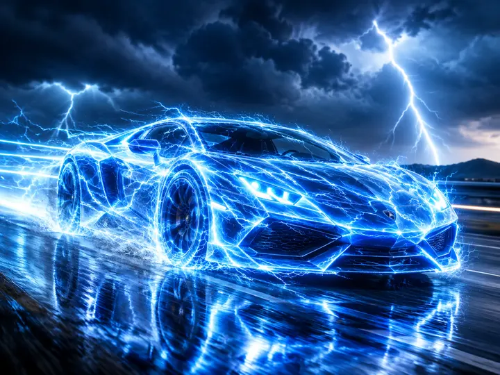 闪电跑车 AI 绘画提示词，超跑广告级图片生成