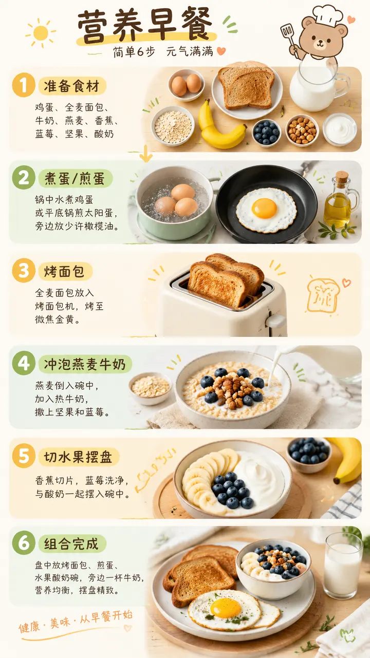 营养早餐制作步骤信息图AI提示词，六步竖版清新风
