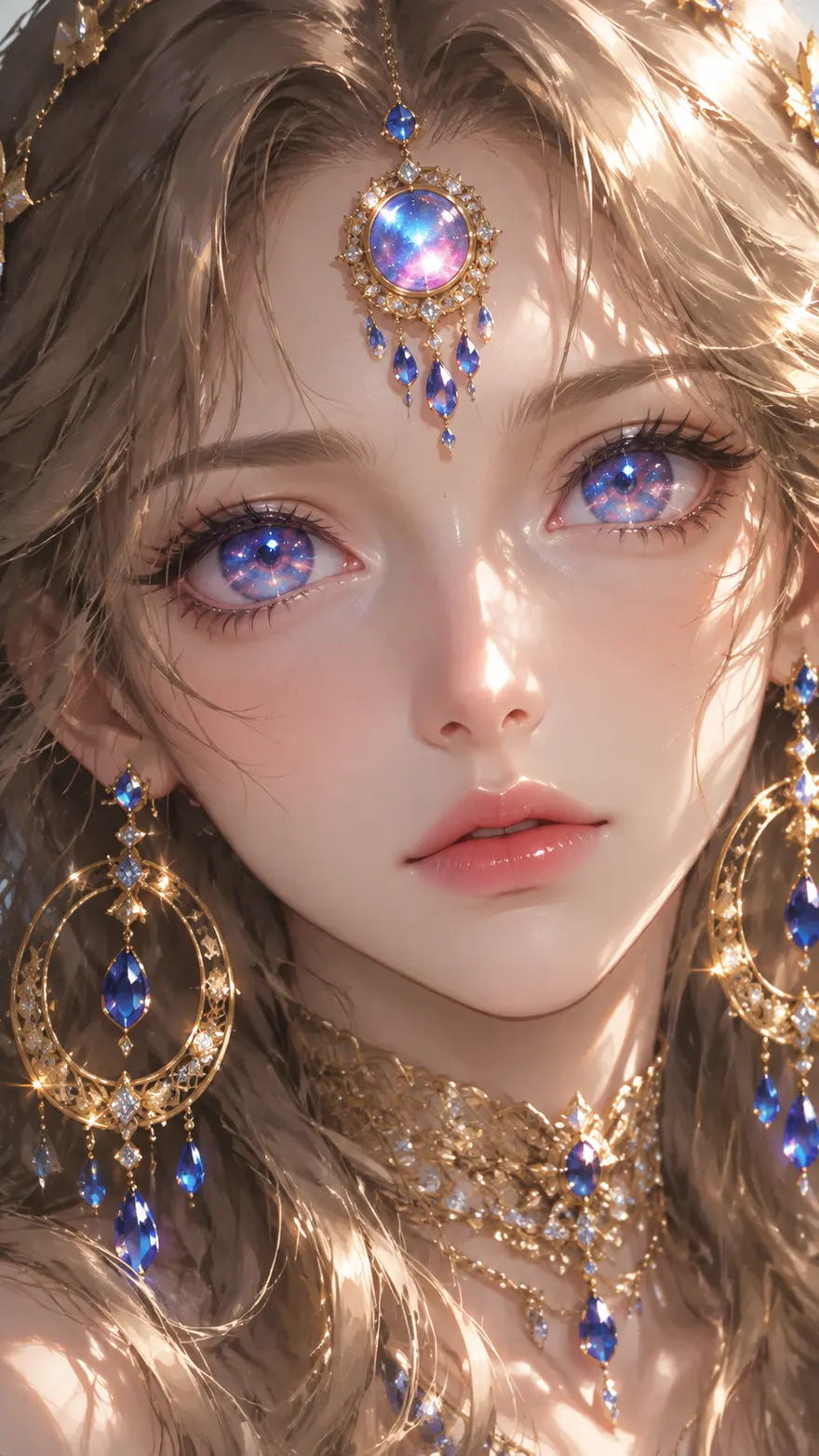 二次元蓝瞳宝石额饰少女特写 AI 绘画提示词