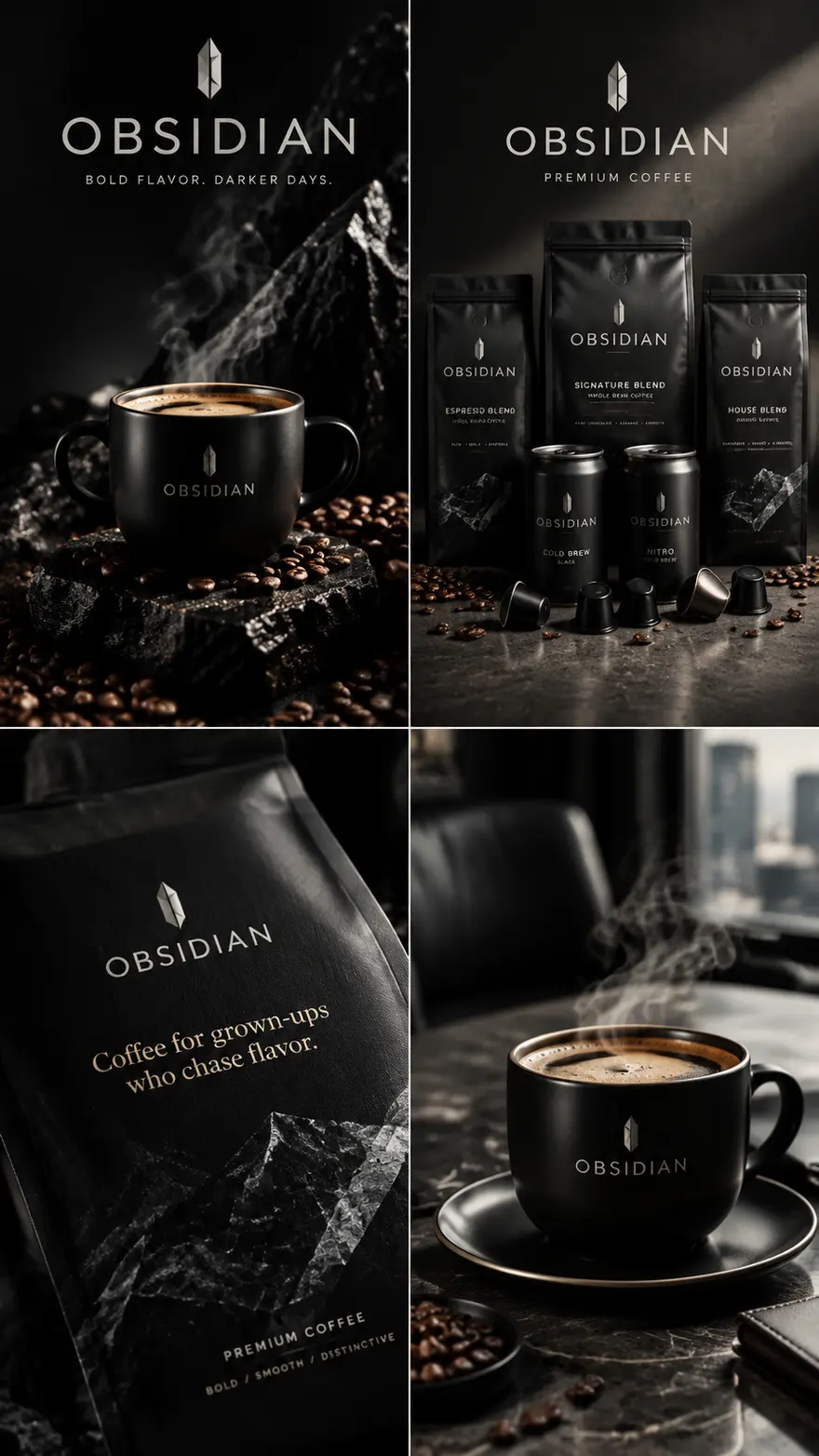 OBSIDIAN 咖啡品牌高端视觉 AI 提示词，四组大片来袭