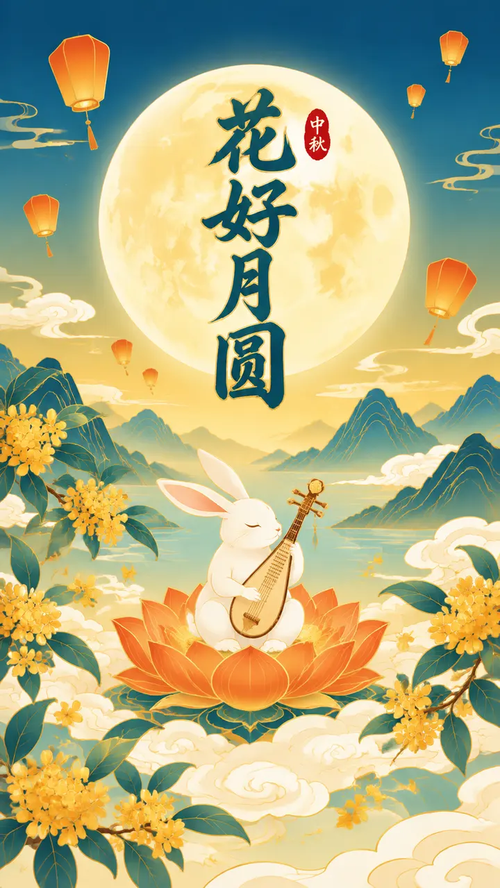 国潮中秋海报AI绘画提示词：花好月圆与玉兔琵琶